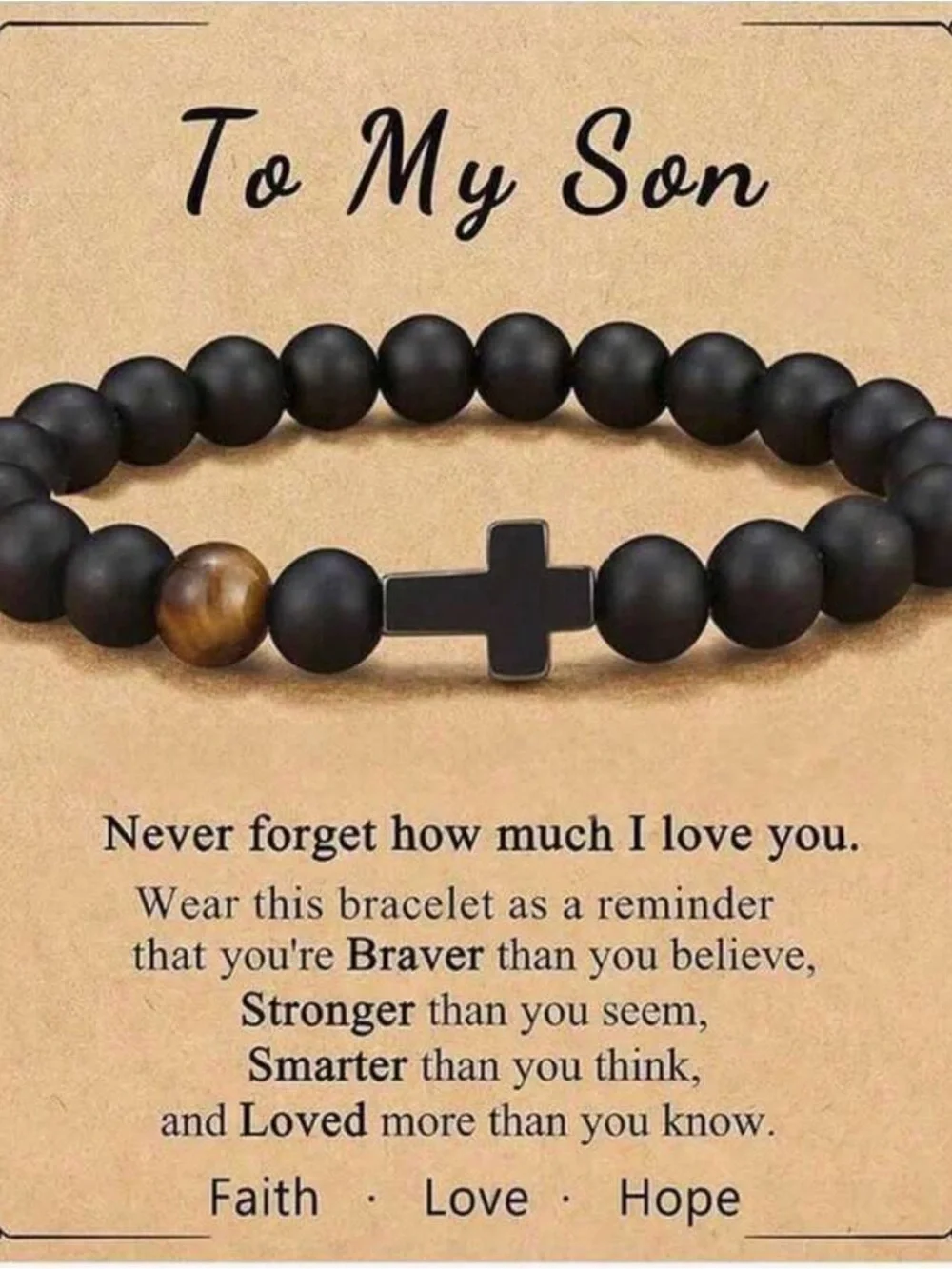 To My Son Matte Black natural stone Bead Bracelet with Brown Accent